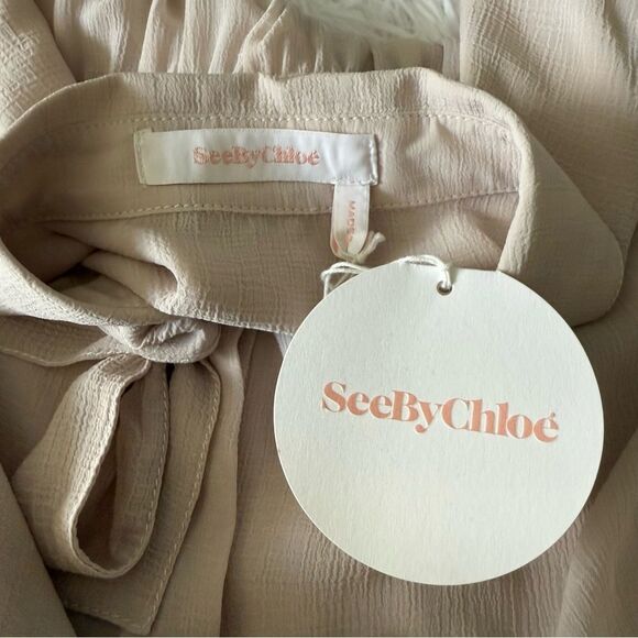 NWT See by Chloe Crinkled Georgette Bow Collared Shirt Dress Size FR 38 US M - Picture 5 of 9